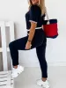 Цветные блоки, клетчатый полосатый комплект с короткими рукавами и лентой, брюки на шнурке, повседневный базовый женский комплект из двух предметов, S94s #