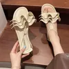 Slippers Flats Pleated Women Sandals Dress Beach Shoes Open Toe Summer 2024 Elegant Flip Flops Walking Slingback Mujer Slides