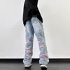 Herrbyxor amerikansk rippade jeans män high street hip-hop casual lös mitt midja rak ben full längd mångsidig mode denim man