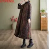 2022 Winter Cott Coat Ethnic Style LG-ärmad enkelbröstkvinnor Patchwork Crew Neck Neck Medium Längd bred midja Jacka 78y8#