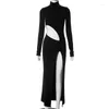 Casual Dresses OMSJ Fashion High Collar Long Sleeve Asymmetric Hollowed Out Split Straight Maxi Party Club Clothing For Women 2024