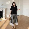 Casual Dresses 2024 Summer Loose Large Size Women's Dress Slimming and Covering Belly Stripe Color Block Pleated kjol Kort ärm