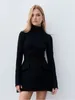 Casual Dresses Chic Red Women's Pockets Mini Dress Elegant Half High Collar Long Sleeve Commuting 2024 Lady Solid Bodycon A-line Robes