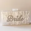 Evening Bags Pearl White With Silver Glitter Name Bride Acrylic Box Clutches Ladies Handbags Fashion Handmade Claps Beach ClutchEv250H