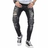 Мужские мотоциклетные байкерские джинсы в стиле хип-хоп Fi с рваными отверстиями High Street в стиле ретро в стиле пэчворк, эластичные узкие джинсовые брюки F9de #