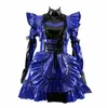 blue Role Play Maid Dr with Apr Doll Skirt French Sissy PVC Short Sleeved Gothic Dr Lockable Uniform F9cF#