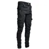 Новые эластичные джинсы-карго с боковым карманом. Мужские брюки-карандаш. Повседневные рваные джинсы. Fi Твердые узкие джинсовые брюки J30S #
