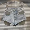 prepomp 2023 Summer New Collecti Rhineste Pockets Light Blue Denim Shorts Women Slim Short Jeans GF468 t5vJ#