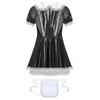 Womens Wet Look Patent Couro Manga Curta Puff Maid Dr com Apr Set Adulto Halen Cosplay Party Fancy Dr Outfits W7XP #