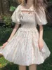 Casual Dresses Kawaii Floral Dress Women Sweet High midja Summer Puff Sleeve French A-Line Princess Vestidos Clothes Vintage Eesthetics