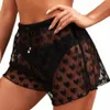 Femmes Heart Print Shorts Harajuku Cover-Up pour maillots de bain Wraps Cordon Pantalon de bain Plage Transparent Mesh Pantalon Pantale Cortos N3w7 #