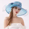 Fashion Summer Organza Beach Hats For Women Elegant Ladies Sun Hat Large Wide Brim Church Kenducky Wedding With Big Flower 240320