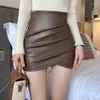 Skirts Korean Irregular Black PU Leather Skirt Women's Spring Summer High Waist Slimming Sexy Sheath Short Dress A- Line 2024