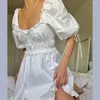 Party Dresses 2024 Women Kawaii White Princess Dress Cute Square Neck Pleated High Waist Ruffled Bust Puff Sleeve Fairy Mini