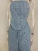 Fashion Sequins Denim Set Women Axel Trapless Tunic midja Crop Top and Wide Leg Pant Suit 2 Piece Set Outfits Tracksuit 240321