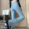 Jeans élastiques bleus rétro pour femmes, taille haute, pantalon évasé, nouvelle collection, Desnim, jambe large, coupe cintrée, U6Gy #