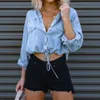 Sexy Long Sleeve Denim Shirt Fashion Drawstring Tops Vintage Ladies Clothes Casual Pocket Loose Polo Collar Blouse New