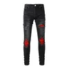 Jeans da uomo Jeans cardigan ultrasottili neri da uomo abbigliamento da strada hip-hop toppe rosse jeans strappati con foro elastico Pantaloni da uomo J240328