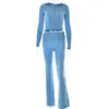 Solid Sticked 2 Piece Set Women Tracksuit LG Sleeve Zipper Hooded Sweater Jackets Crop Top Flare Pants Stretchy Matching Suit R1YC#