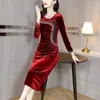 Casual Dresses 2024 Autumn Winter Red Velvet Rhinestone Round Neck Kjol Luxury Elegant Ball Evening Dress Festive Wedding Mother Female