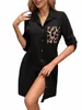 2024 Spring New Black White Shirts Dr Women Fi Leopard Mönster Pocket Panel Design Löst LG SLEEVE KNEE LÄNGD DRES A6ZA#