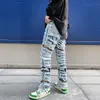 y2k плиссированные тонкие рваные джинсы мужские Wed Distred Seass уличная одежда хип-хоп большие разрушенные байкерские джинсы скинни для мужчин M1TG #
