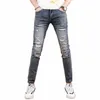 Jeans déchirés hommes été léger pantalon ajusté 2022 nouveau streetwear décontracté vintage bleu denim pantalon t1Ad #