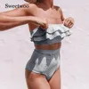 Women's Swimwear SWEETWOO Women Sexy Strapless Bikini Swimsuit Ruffled High Waist Set Striped Wrap Female Biquini Bathing Suit