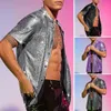 men Party Shirt Shiny Surface Men's Performance Shirt with Turn-down Collar Lg Sleeves for Club Party Disco Stage Show a6sD#