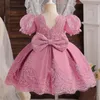 Abito da tutù con fiori in pizzo carino per bambini Abito da festa di nozze con fiocco che borda Abito da principessa per ragazza Inafnt Rosa Abiti per il primo compleanno Tessuto di gala formale 240322