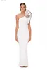 Vestidos casuais básicos sexy branco um ombro babados flor apliques bodycon bandage vestido sem mangas maxi celebridade noite pista festa yq240328