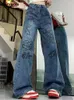 Jeans femininos aotvotee impressão mulher cintura alta denim calças retas padrão lavado azul rua moda coreana comprimento total