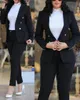 Kobiety Formalne spodni biurowe 2PCS Dwukrotnie piersi Solid Blazers Kurtka i spodnie Dwa kawałki ustawiają żeńskie garnitury 240328