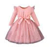 Mini Girls Party Dresses Birthday Costume Long Sleeve Stars Mesh Princess Pink Dress for Children Clothing Kids 240325