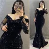 Glitter Sequins Burgundy Mermaid Evening Dresses Off the Shoulder Long Sleeves Lace Women Formal Prom vestidos de noche 2024