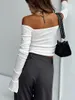 Dames T-shirts Dames Y2K Off-shoulder shirt met lange mouwen Slim Fit Crop Tops Vintage herfstblouse Egirls Streetwear