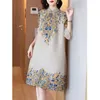 Sukienki swobodne damskie nadruk modny vintage chiński styl elegancki stojak na imprezę obrożę 3/4 luźna sukienka midi qipao vestidos l54