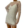 Casual Dresses 2 PCS/Set Women Dress Set See-Through Mesh Sequin Strappy Long Sleeve Loose O Neck Hollow Out Party Prom