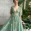 Party Dresses Embroidery Prom Green Puff Sleeves A-Line Long Lace Wedding Gowns Open Back Tulle Evening Dress