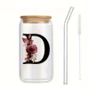 Chic 16oz Alphabet Flower Iced Coffee Glass Cup with Lid & Straw - Customizable, Reusable Tumbler for Her, Perfect Gift