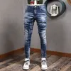 fi Streetwear Men Jeans Retro Light Blue Elastic Slim Ripped Jeans Men Painted Designer Spliced Hip Hop Denim Biker Pants q8b5#