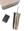 Designer Argent Acier inoxydable 304 Paille Tasse Classique Logo Imprimé Boisson Froide Tasse Pratique Tasse À Café Étudiant École Tasse D'eau Tumbler Coffret Cadeau