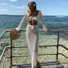 Combhasaki Women Summer 2PCS Outfit Bikini Cover-ups Sets Long Sleeve Tie Up Crop Tops White Knit Hollow Tassels Skirt Suit