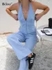Kvinnors tvåbitar byxor bclout Sommarlinne Ställer kvinnor 2 stycken 2024 Fashion Halter Sexig backless toppar semester blå rak kostymer kvinna