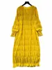 Autunno Vintage Donna Drappeggiato Allentato Midi Dr Elegante Colletto Rotondo Puff Lg Manica Veste Casual Giallo / Burdy / Verde Vestido Nuovo r7an #