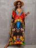 Col Boho imprimé caftan ample manches chauve-souris fente latérale vacances d'été Robe Maxi maillots de bain femme Sarongs Robe Q1464