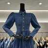 Casual Kleider Frühling 2024 Elegante Aline Vintage Revers Blase Hülse Stil Taille Schlank Denim Kleid Frauen