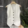 Gilets pour femmes 2024 Mode Gilet D'été Sans Manches Pour Femmes Col En V Simple Boutonnage Dames Blanc Décontracté Gilet Hauts