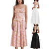 Casual klänningar kvinnor a-line lång klänning blommig tryck fast färg spets trim ärmlös cami sommarstrandfest