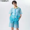 Męskie koszulki 2023 Zestawy mężczyzn Mesh Patchwork Transpare Lapel Short Shirt Shorts 2PCS Modna odzież Streetwear Sexy Men Suits S-5xl24328